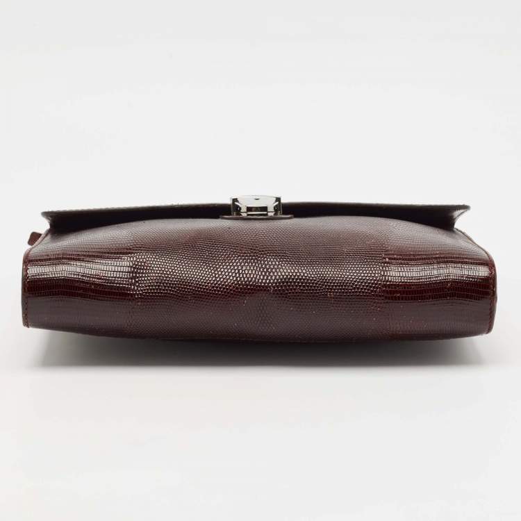 Pre Owned Dolce & Gabbana Burgundy Lizard Embossed Leather Wristlet Lock Pouch