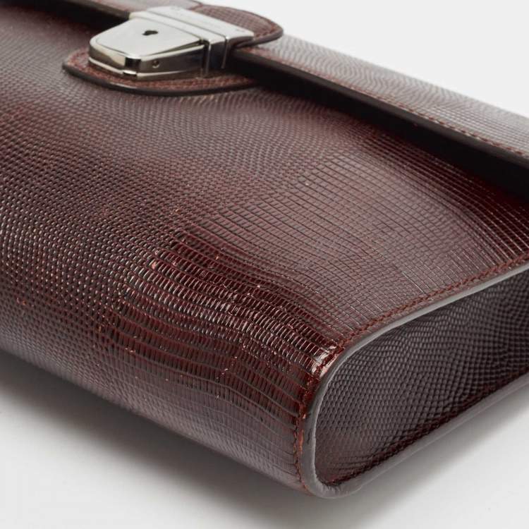 Pre Owned Dolce & Gabbana Burgundy Lizard Embossed Leather Wristlet Lock Pouch