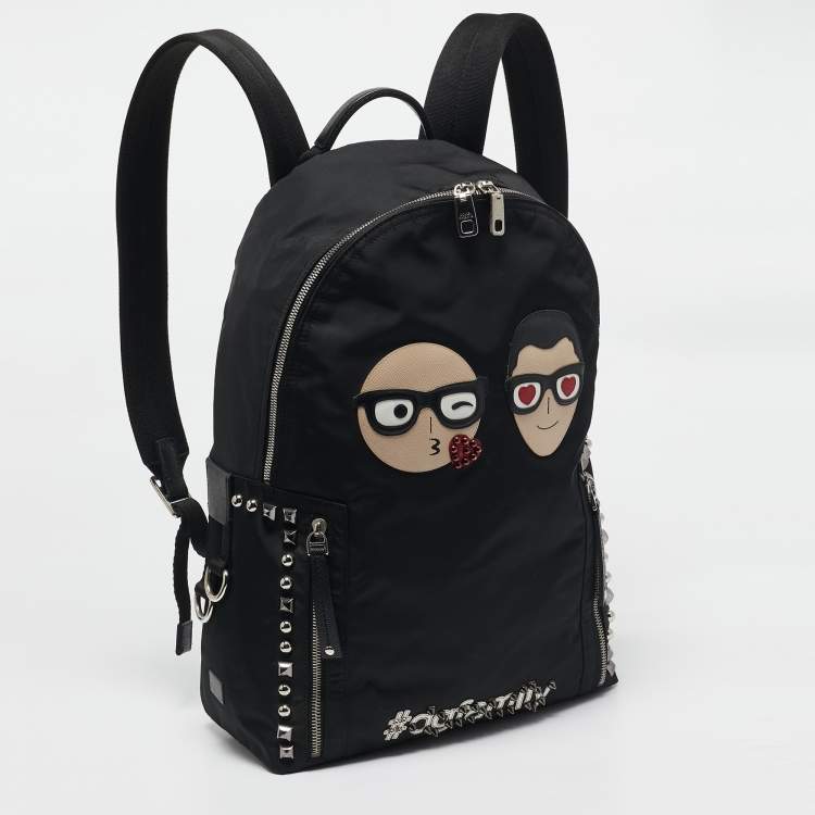 Pre Owned Dolce & Gabbana Black Leather and Nylon Studded Patch Backpack