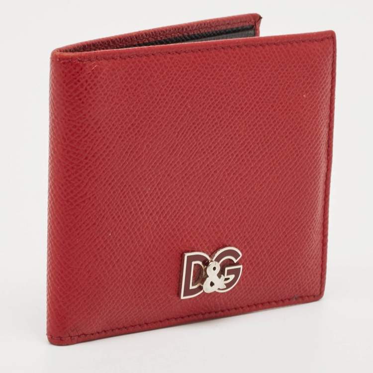 Pre Owned Dolce & Gabbana Red Leather Logo Plaque Bifold Wallet