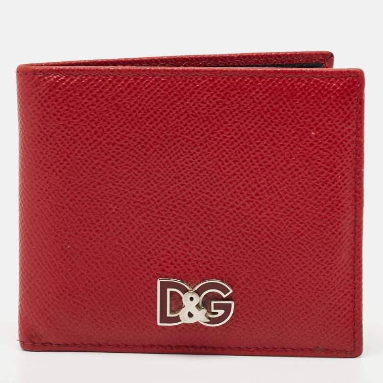 Pre Owned Dolce & Gabbana Red Leather Logo Plaque Bifold Wallet