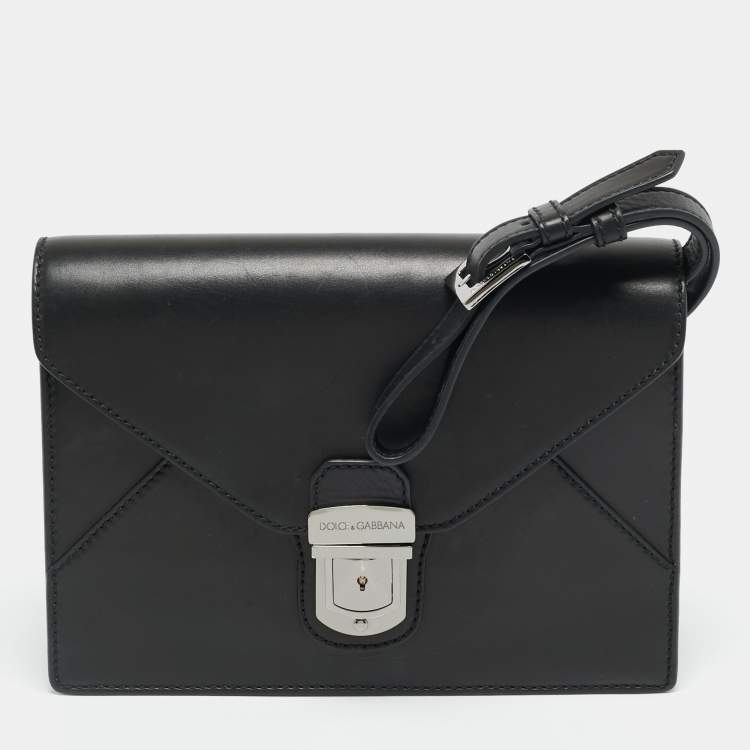 Pre Owned Dolce & Gabbana Envelope Black Leather Wristlet Pouch