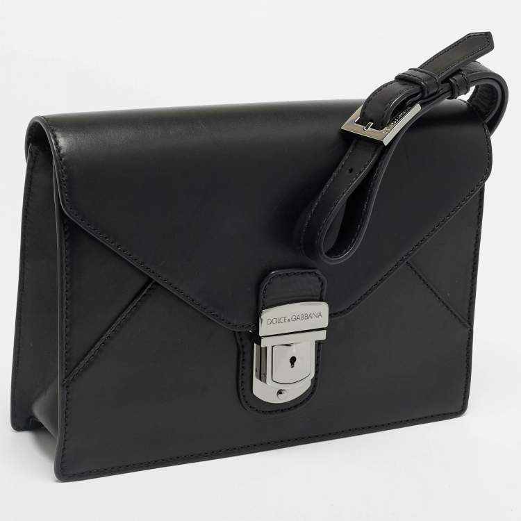 Pre Owned Dolce & Gabbana Envelope Black Leather Wristlet Pouch