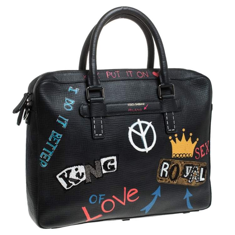 Pre Owned Dolce & Gabbana Black Leather Embellished Patch Briefcase