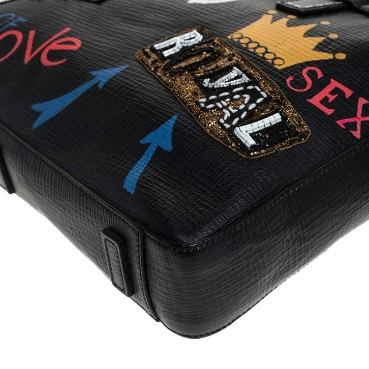 Pre Owned Dolce & Gabbana Black Leather Embellished Patch Briefcase