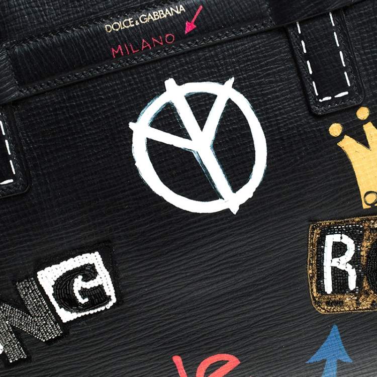 Pre Owned Dolce & Gabbana Black Leather Embellished Patch Briefcase