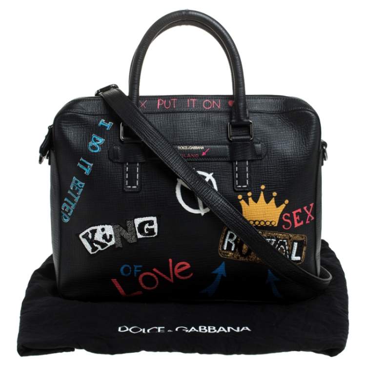 Pre Owned Dolce & Gabbana Black Leather Embellished Patch Briefcase