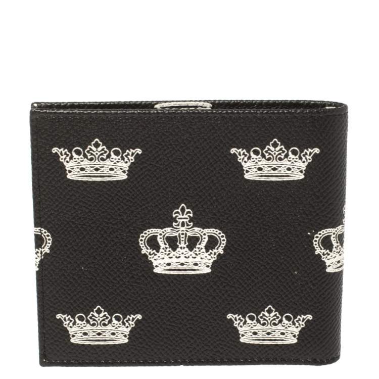 Pre Owned Dolce & Gabbana Black/White Crown Print Leather Bifold Wallet