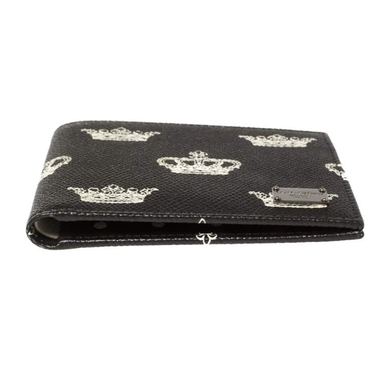 Pre Owned Dolce & Gabbana Black/White Crown Print Leather Bifold Wallet