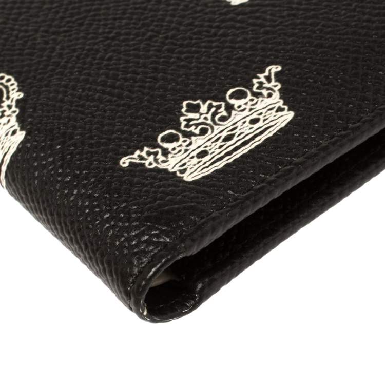 Pre Owned Dolce & Gabbana Black/White Crown Print Leather Bifold Wallet