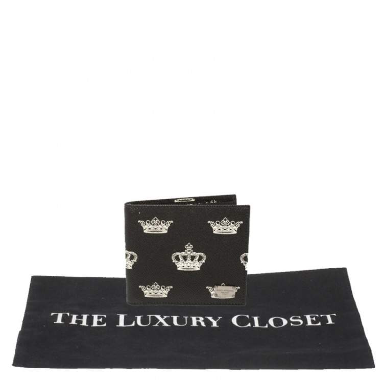 Pre Owned Dolce & Gabbana Black/White Crown Print Leather Bifold Wallet