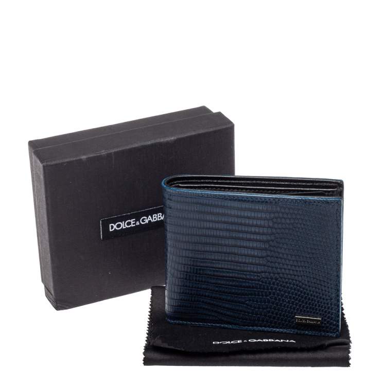 Pre Owned Dolce & Gabbana Navy Blue/Black Lizard Embossed Leather Bifold Wallet