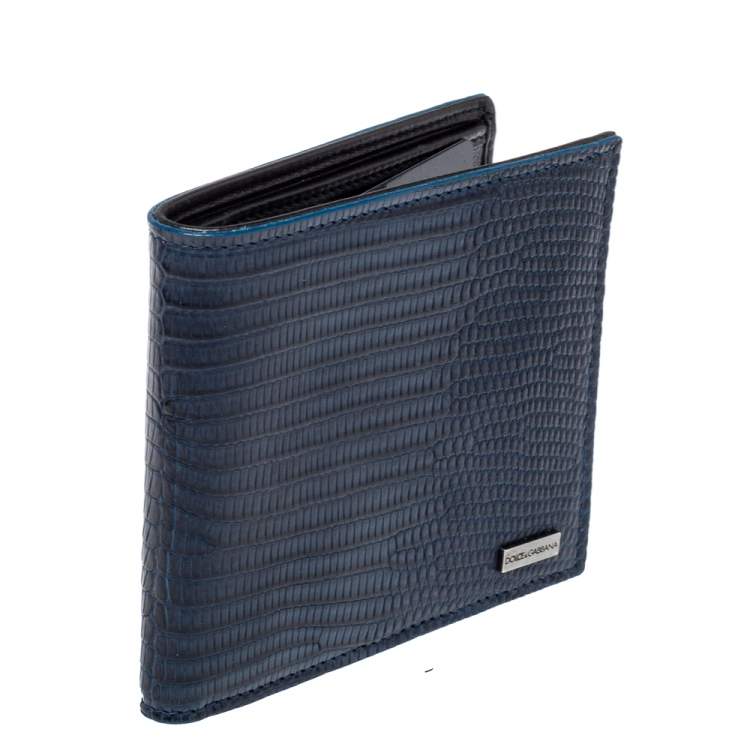 Pre Owned Dolce & Gabbana Navy Blue/Black Lizard Embossed Leather Bifold Wallet