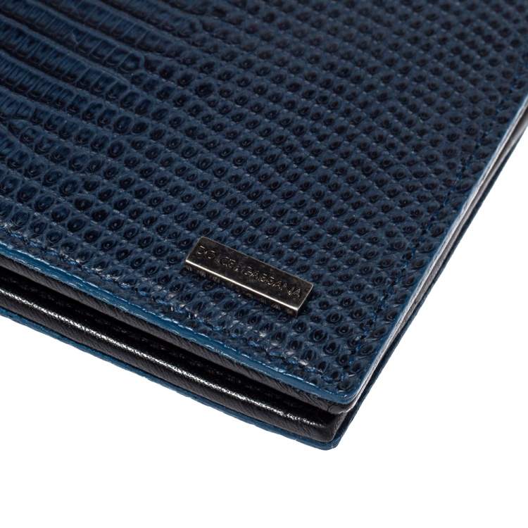 Pre Owned Dolce & Gabbana Navy Blue/Black Lizard Embossed Leather Bifold Wallet