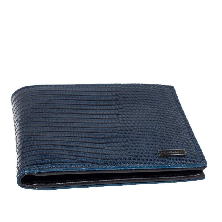 Pre Owned Dolce & Gabbana Navy Blue/Black Lizard Embossed Leather Bifold Wallet