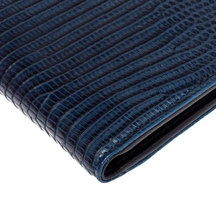 Pre Owned Dolce & Gabbana Navy Blue/Black Lizard Embossed Leather Bifold Wallet