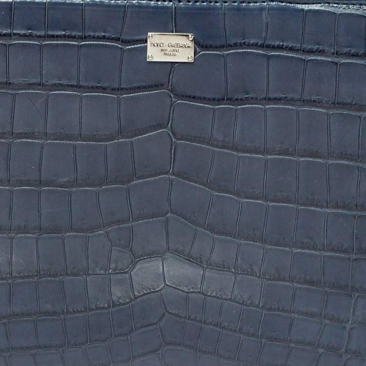 Pre Owned Dolce & Gabbana Blue Crocodile Double Zip Wristlet Clutch 