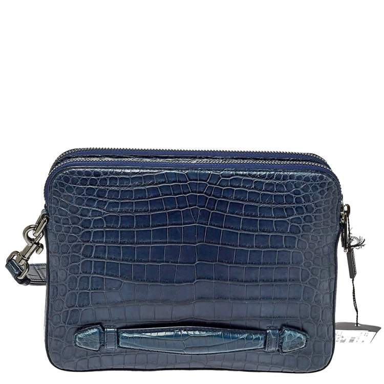 Pre Owned Dolce & Gabbana Blue Crocodile Double Zip Wristlet Clutch 