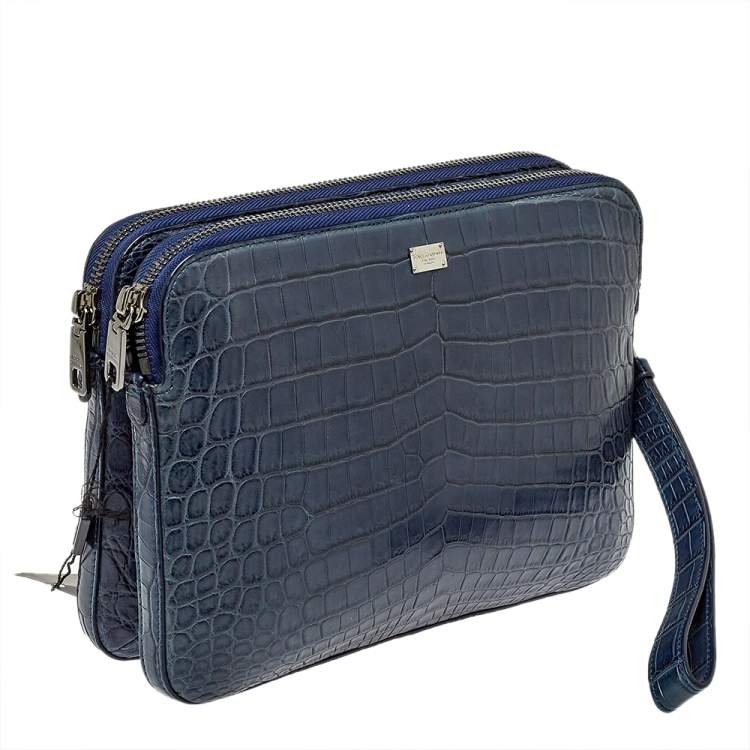 Pre Owned Dolce & Gabbana Blue Crocodile Double Zip Wristlet Clutch 