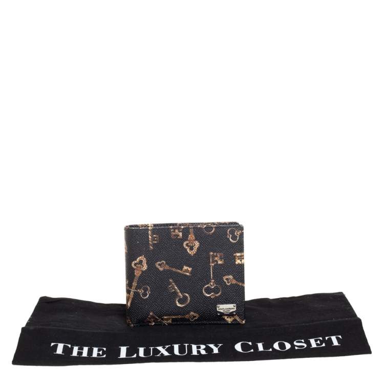 Pre Owned Dolce & Gabbana Black Key Print Leather Bifold Wallet