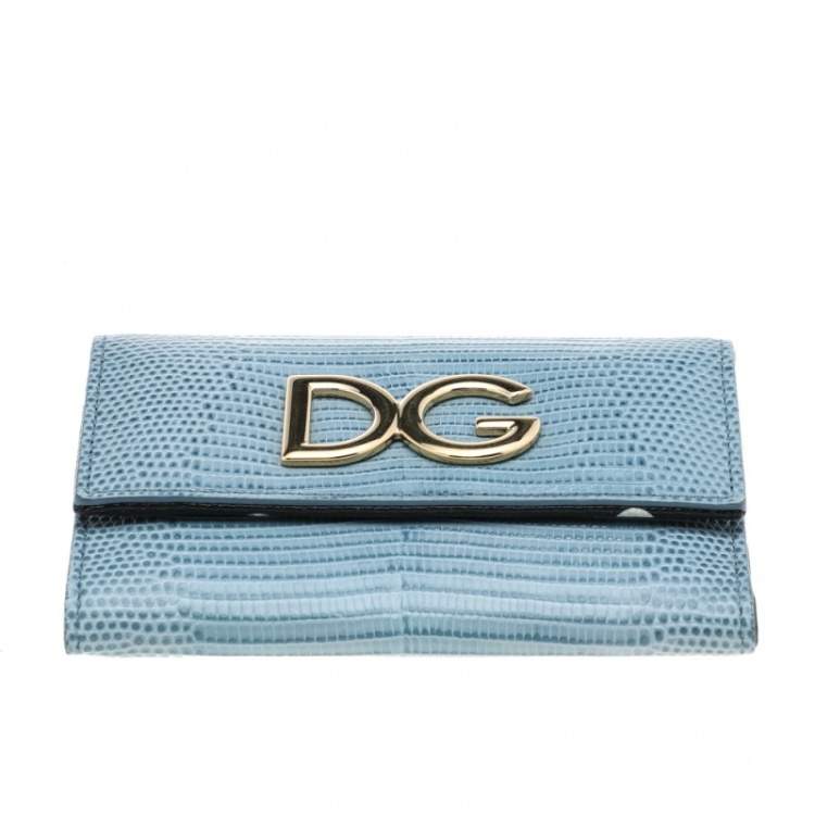 Pre Owned Dolce & Gabbana Blue Lizard Embossed Leather DG Trifold Wallet