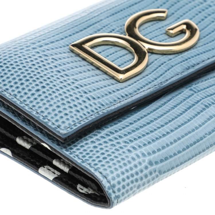 Pre Owned Dolce & Gabbana Blue Lizard Embossed Leather DG Trifold Wallet