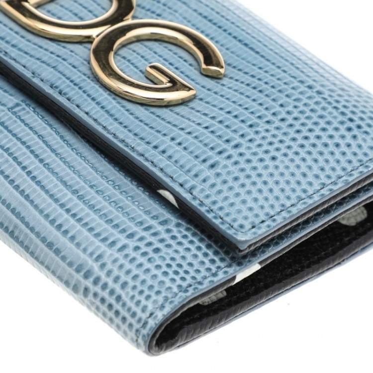 Pre Owned Dolce & Gabbana Blue Lizard Embossed Leather DG Trifold Wallet