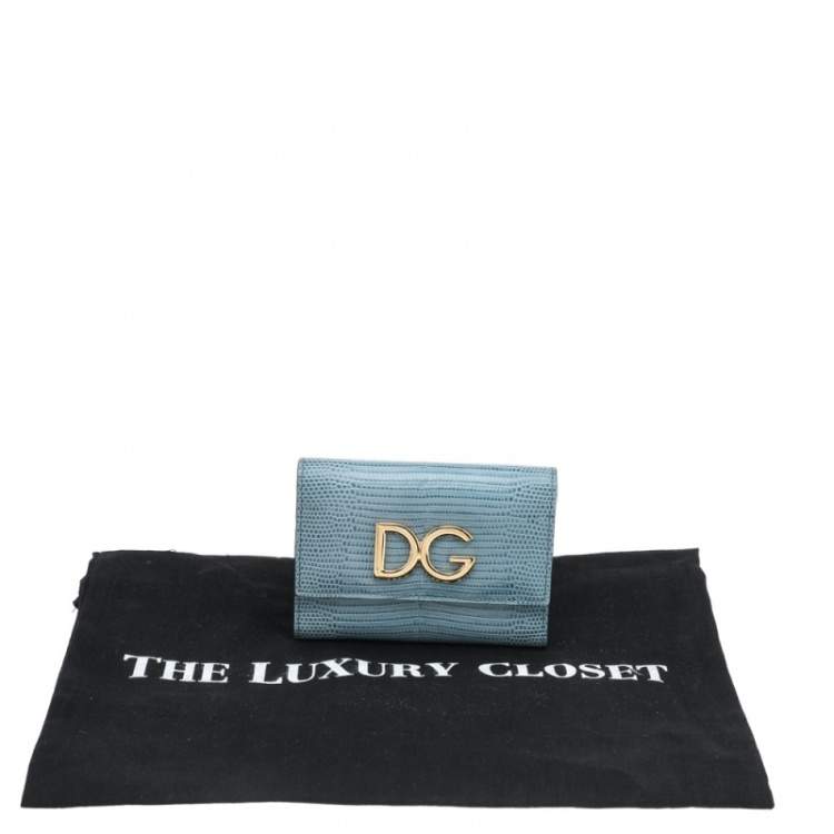 Pre Owned Dolce & Gabbana Blue Lizard Embossed Leather DG Trifold Wallet