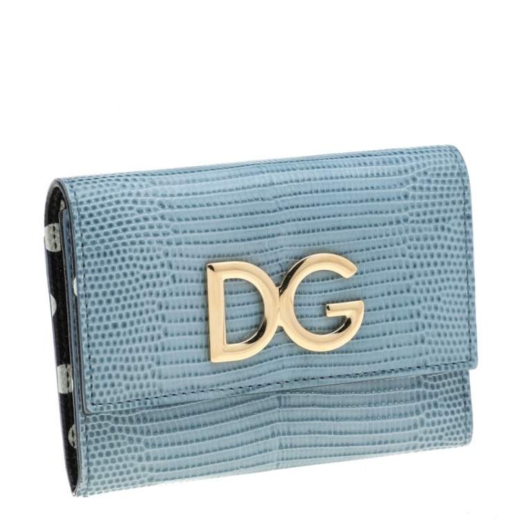 Pre Owned Dolce & Gabbana Blue Lizard Embossed Leather DG Trifold Wallet