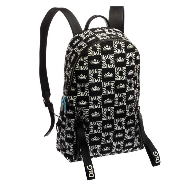 Pre Owned Dolce & Gabbana Black/White Printed Nylon and Leather Logo All Over Backpack