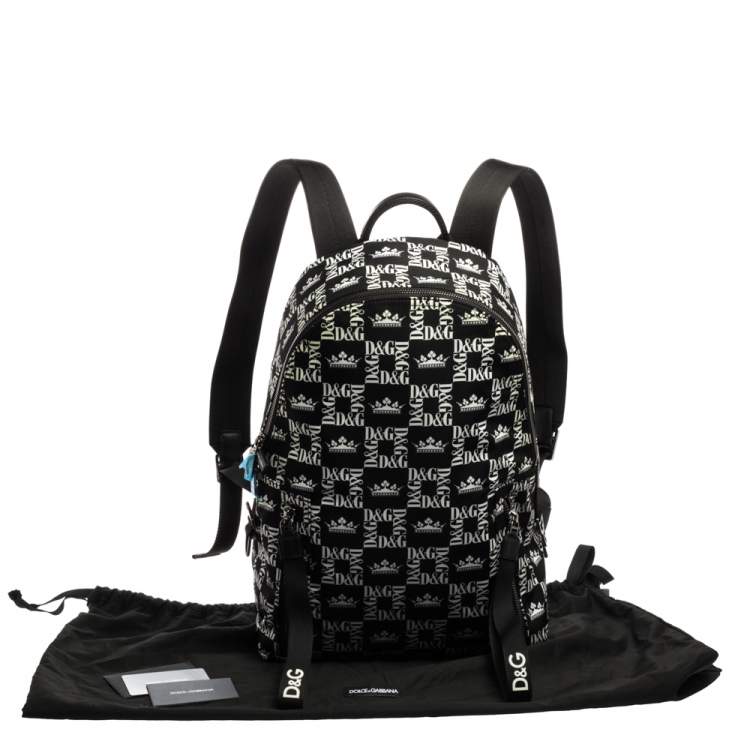 Pre Owned Dolce & Gabbana Black/White Printed Nylon and Leather Logo All Over Backpack