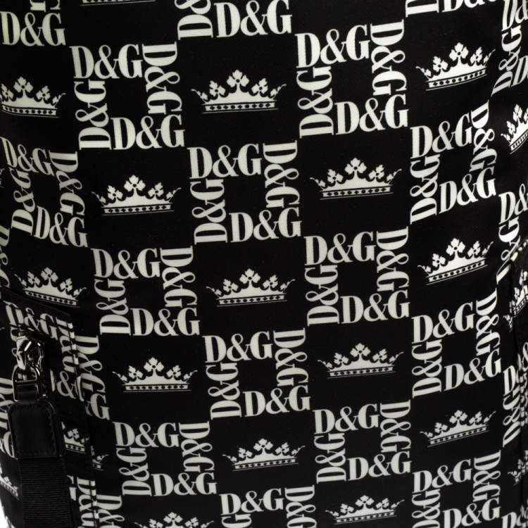 Pre Owned Dolce & Gabbana Black/White Printed Nylon and Leather Logo All Over Backpack