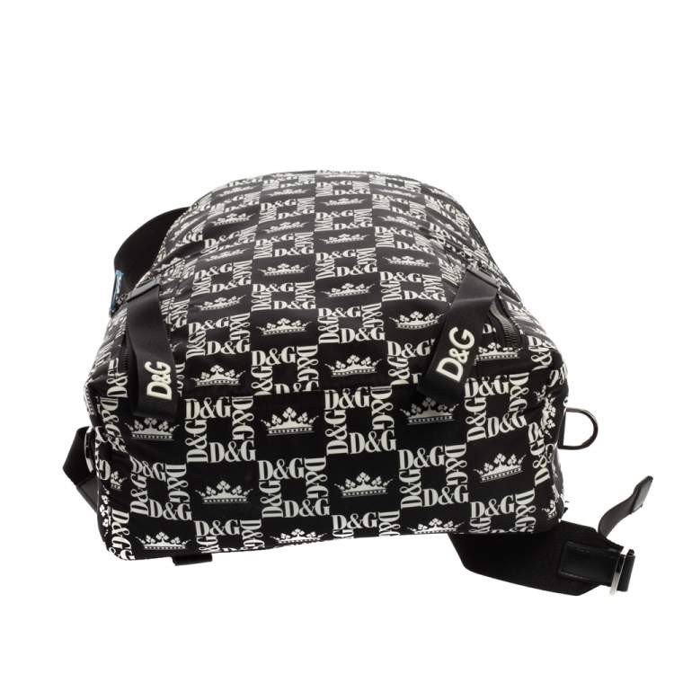 Pre Owned Dolce & Gabbana Black/White Printed Nylon and Leather Logo All Over Backpack