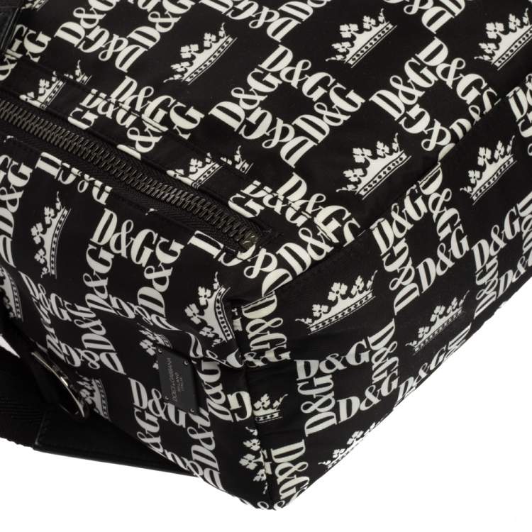 Pre Owned Dolce & Gabbana Black/White Printed Nylon and Leather Logo All Over Backpack