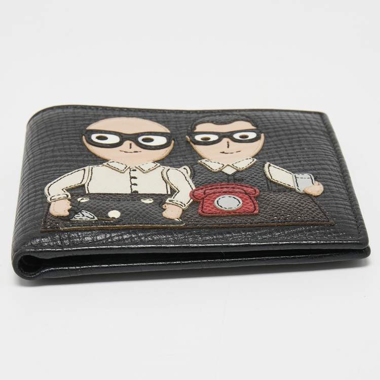 Pre Owned Dolce & Gabbana Black Leather Artist Patch Bifold Wallet 