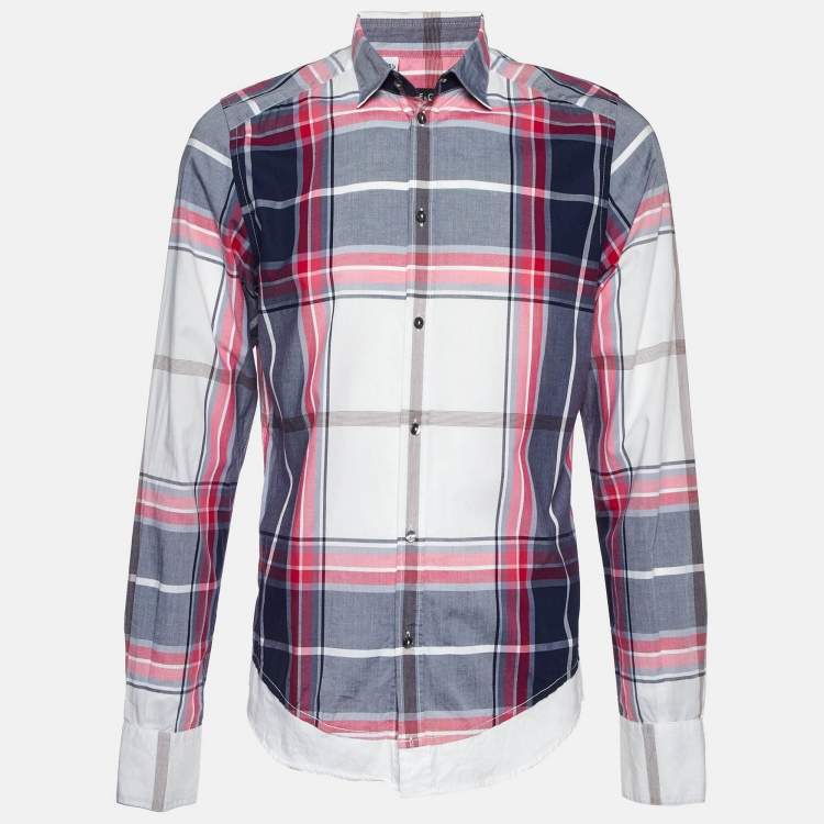 مملوكة مسبقًا Dolce & Gabbana White/Pink Plaid Checked Cotton Gold Fit Shirt M