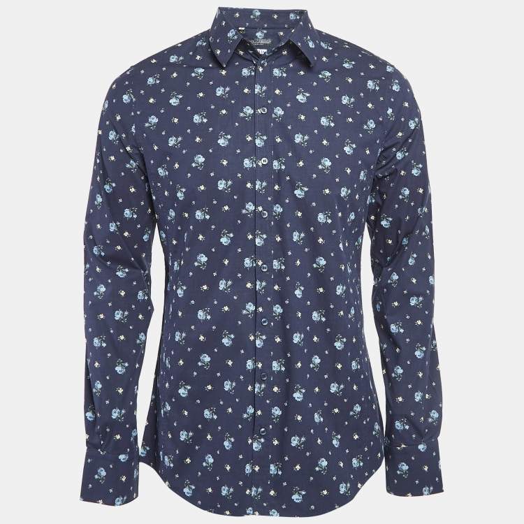 Pre Owned Dolce & Gabbana Blue Floral Print Cotton Sicilia Slim Fit Shirt L