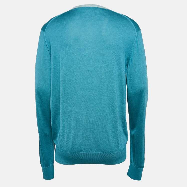 Pre Owned Dolce & Gabbana Teal Blue Silk Knit V-Neck Sweatshirt XL