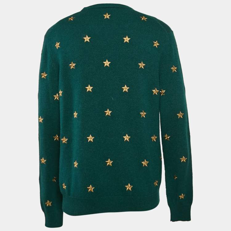 Pre Owned Dolce & Gabbana Green Stars Embroidered Rib Knit Sweater XXL