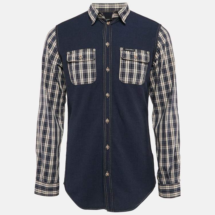 Pre Owned Dolce & Gabbana Blue Checked Denim Long Sleeve Shirt M