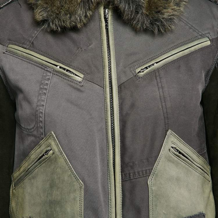 Pre Owned Dolce & Gabbana Green Cotton Blend and Fur Zip Detail Flight Jacket L