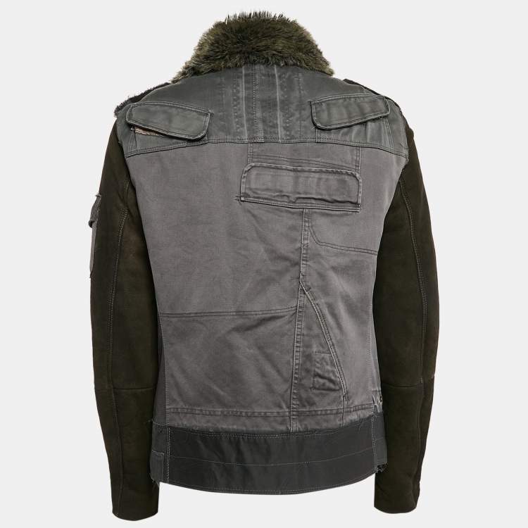 Pre Owned Dolce & Gabbana Green Cotton Blend and Fur Zip Detail Flight Jacket L