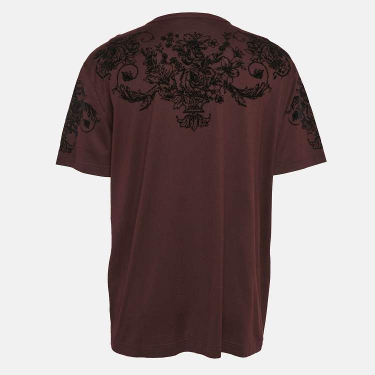Pre Owned Dolce & Gabbana Burgundy Flock Print Cotton T-Shirt 4XL