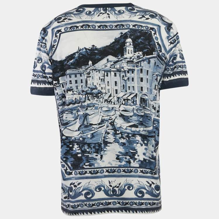 مملوكة مسبقًا Dolce & Gabbana Blue Ceramic Print Jersey Crew Neck T-Shirt XXXL