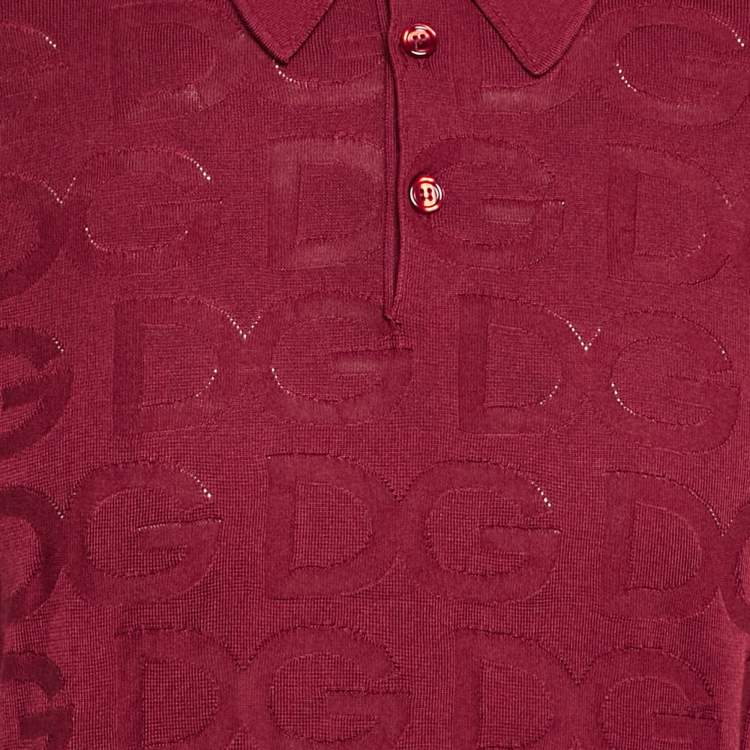 Pre Owned Dolce & Gabbana Burgundy Monogram Silk Jacquard Knit Polo T-Shirt XL