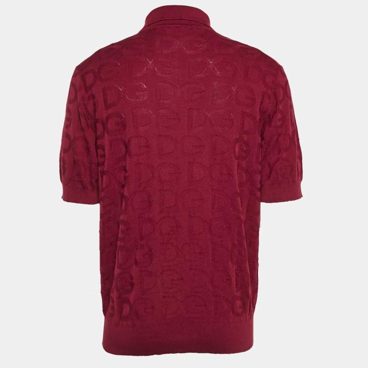 Pre Owned Dolce & Gabbana Burgundy Monogram Silk Jacquard Knit Polo T-Shirt XL