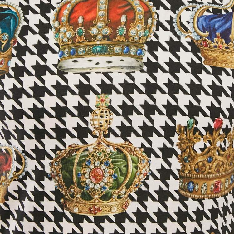 Pre Owned Dolce & Gabbana Black Houndstooth and Crown Print Jersey T-Shirt XS