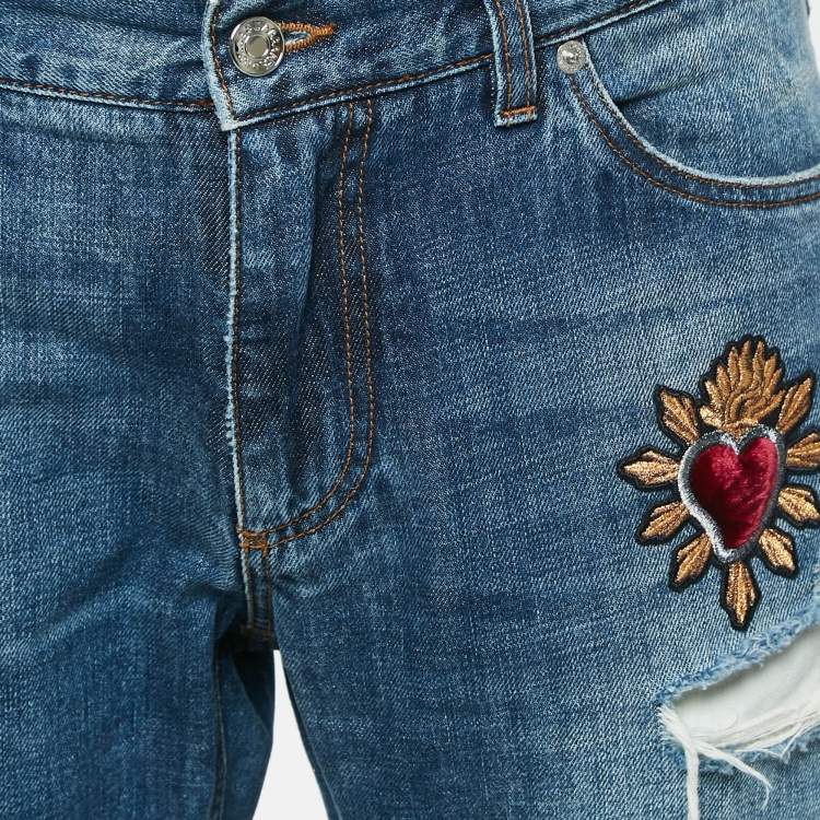 Pre Owned Dolce & Gabbana Blue Heart Applique Ripped Denim Classic Jeans XL Waist 36"