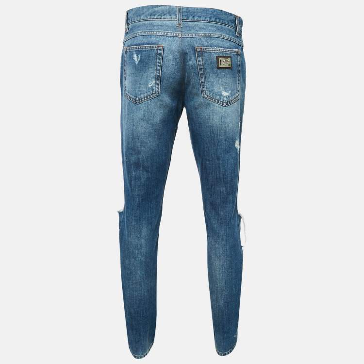 Pre Owned Dolce & Gabbana Blue Heart Applique Ripped Denim Classic Jeans XL Waist 36"