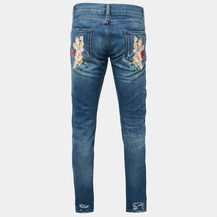 Pre Owned Dolce & Gabbana Navy Blue Angel Applique Denim Ripped Jeans M Waist 34"